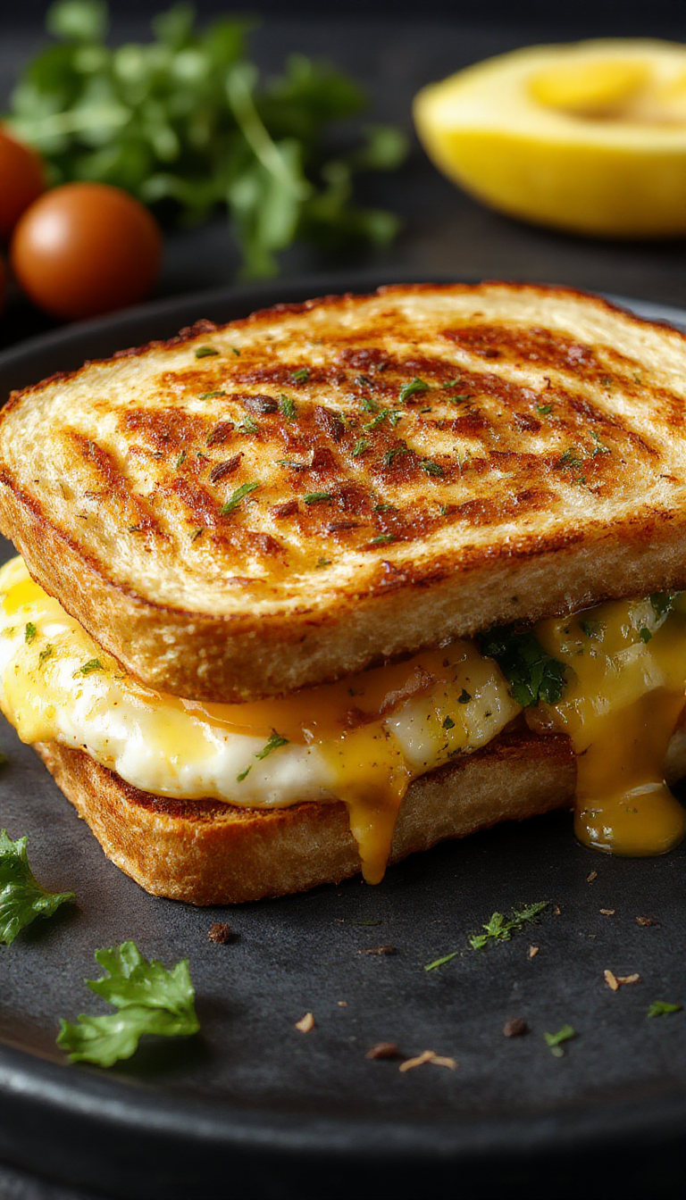 A close-up of a toasted breakfast sandwich with golden-brown bread, creamy scrambled eggs, crispy bacon, and melted cheese oozing slightly, garnished with fresh herbs on a rustic wooden plate.