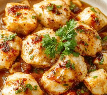Plato de pollo mediterráneo a la sartén presentado en un plato redondo, con pollo dorado y jugoso cubierto de verduras coloridas como pimientos rojos, calabacines y tomates, decorado con hierbas frescas y acompañado de pan crujiente a un lado.