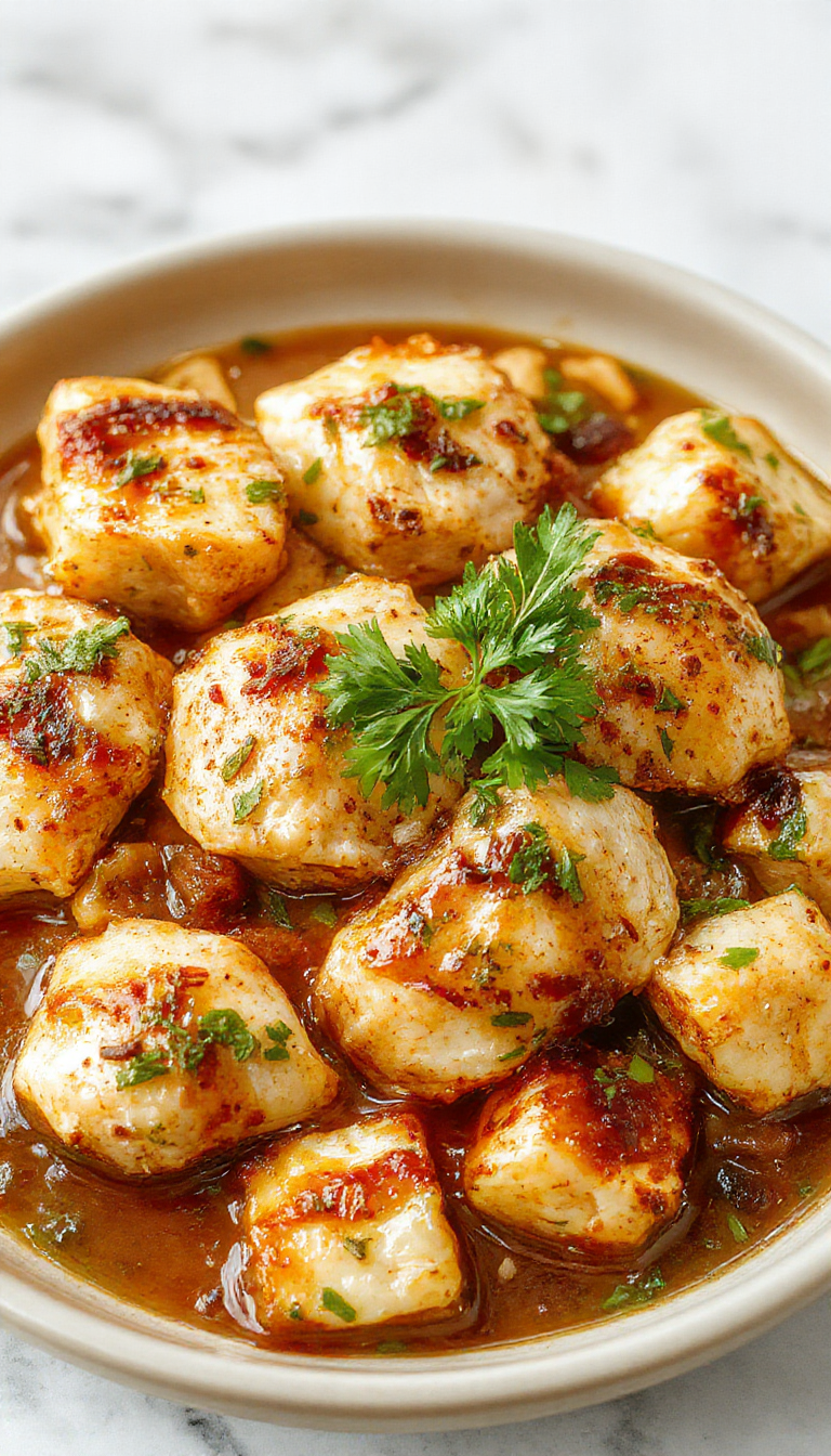 Plato de pollo mediterráneo a la sartén presentado en un plato redondo, con pollo dorado y jugoso cubierto de verduras coloridas como pimientos rojos, calabacines y tomates, decorado con hierbas frescas y acompañado de pan crujiente a un lado.