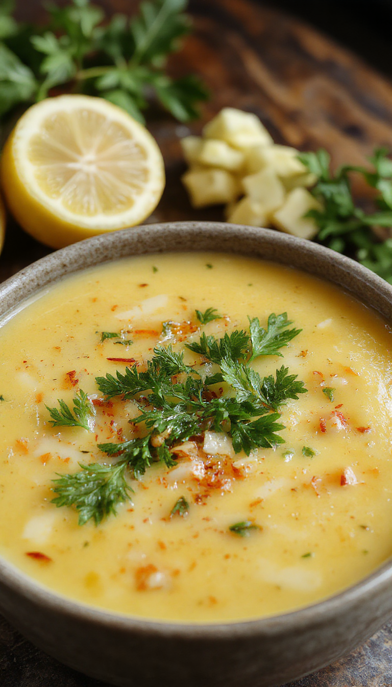 A vibrant bowl of vegan lentil soup garnished with fresh lemon slices and a sprinkle of turmeric, served in a rustic ceramic bowl with a textured wooden background. The soup has a rich, earthy color with hints of yellow from the turmeric and bright citrus accents from the lemon.