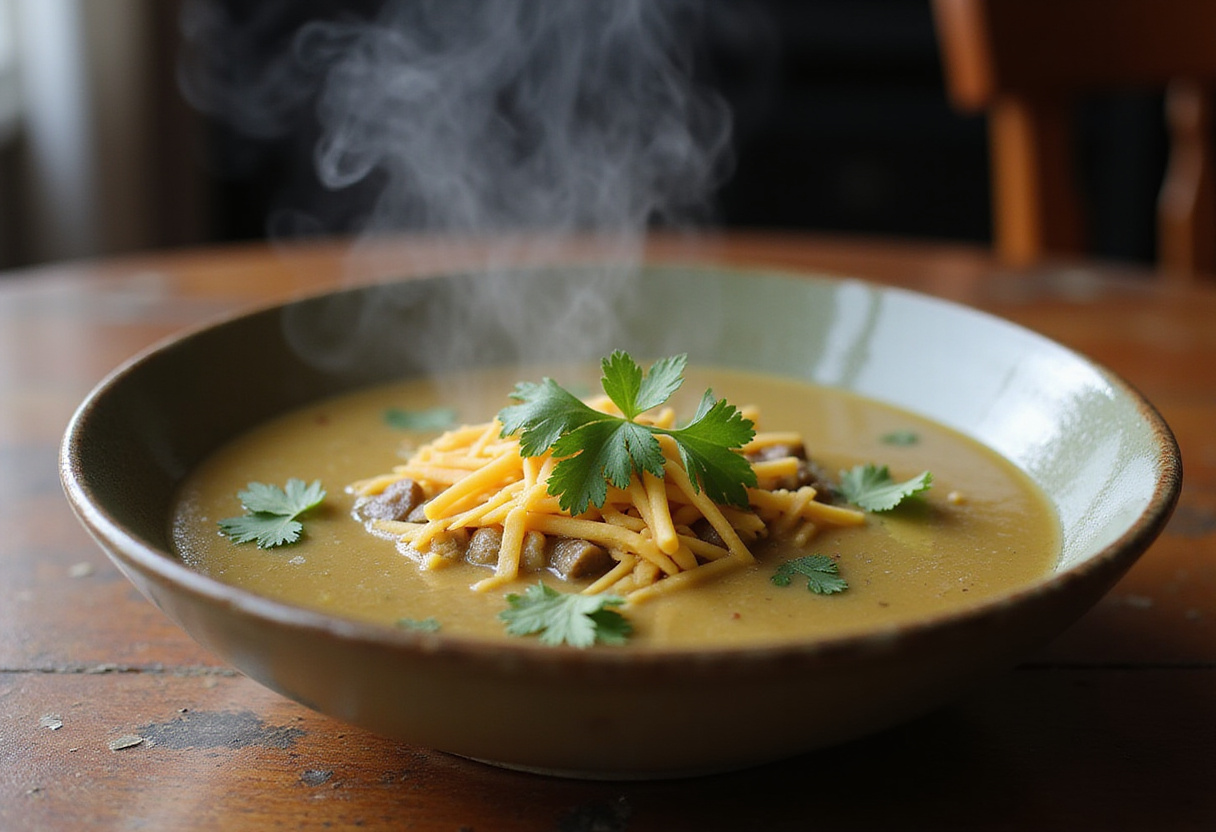 Tazón de Sopa de Jalapeño y Queso, picante y cremosa, lista para disfrutar.
