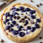 A vibrant slice of Ravenclaw Blue Cheese Cheesecake topped with fresh blueberries and edible silver accents, plated on a dark elegant dish, showcasing its creamy interior and rich blue hue with a decorative wizard-inspired pattern.
