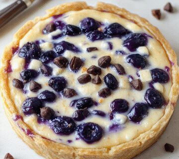 A vibrant slice of Ravenclaw Blue Cheese Cheesecake topped with fresh blueberries and edible silver accents, plated on a dark elegant dish, showcasing its creamy interior and rich blue hue with a decorative wizard-inspired pattern.