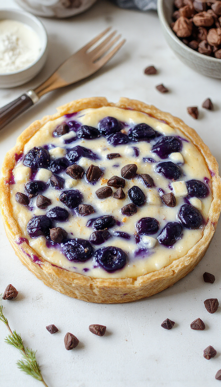 A vibrant slice of Ravenclaw Blue Cheese Cheesecake topped with fresh blueberries and edible silver accents, plated on a dark elegant dish, showcasing its creamy interior and rich blue hue with a decorative wizard-inspired pattern.