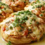 A rustic round bread bowl filled with steaming spaghetti coated in a creamy sauce, topped with melted cheese and fresh herbs. The bread's crust is golden and crispy, with the pasta visible through the opening, garnished with herbs and a drizzle of sauce. The presentation emphasizes a hearty, cheesy pasta served in an inviting bread vessel.