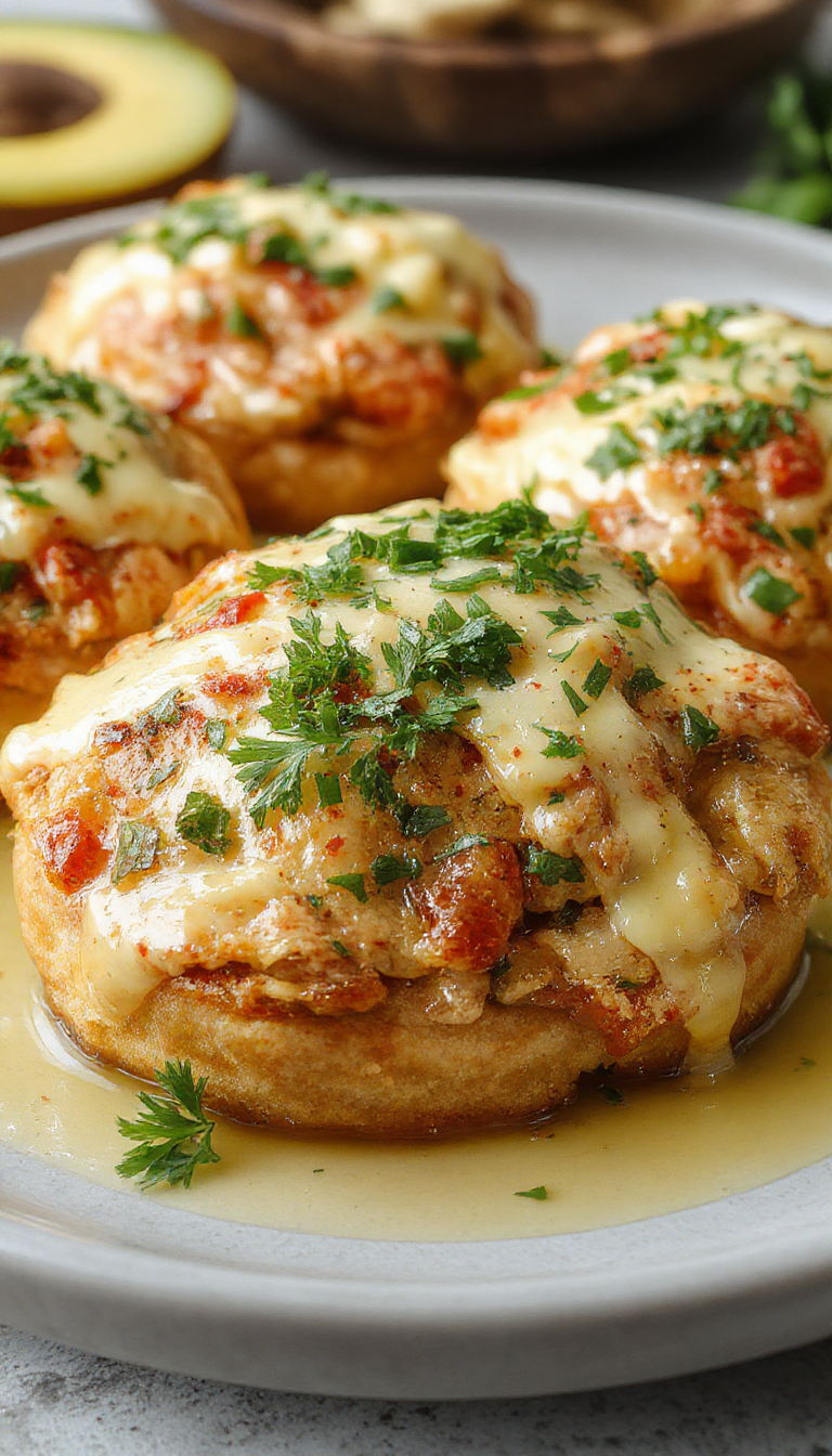 A rustic round bread bowl filled with steaming spaghetti coated in a creamy sauce, topped with melted cheese and fresh herbs. The bread's crust is golden and crispy, with the pasta visible through the opening, garnished with herbs and a drizzle of sauce. The presentation emphasizes a hearty, cheesy pasta served in an inviting bread vessel.