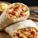 A close-up of a breakfast wrap sliced in half, revealing fluffy scrambled eggs, crispy bacon, melted cheese, and fresh green spinach inside a soft tortilla. The wrap is plated on a rustic wooden surface with a side of orange juice and a small bowl of cherry tomatoes, emphasizing a hearty, colorful breakfast presentation.