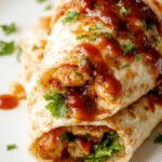 A close-up of a wrap de halloumi con salsa dulce, showcasing golden-brown grilled halloumi slices, vibrant greens, and creamy red salsa inside a soft flour wrap, neatly sliced to reveal the colorful filling, with a rustic wooden table background.