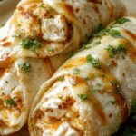 Close-up of golden-brown chicken wraps filled with melted cheese and aromatic garlic, garnished with fresh herbs, neatly rolled on a white plate