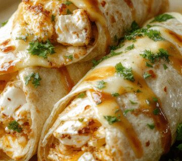 Close-up of golden-brown chicken wraps filled with melted cheese and aromatic garlic, garnished with fresh herbs, neatly rolled on a white plate