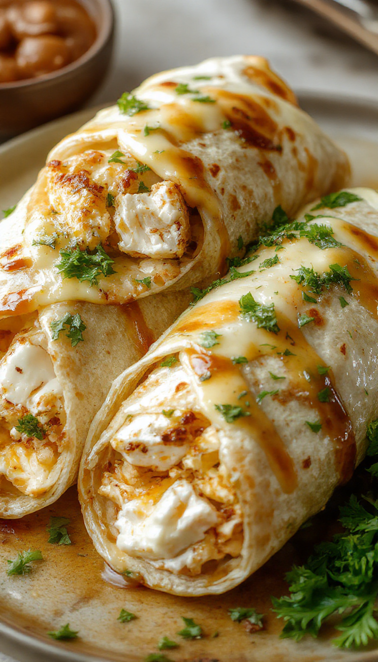 Close-up of golden-brown chicken wraps filled with melted cheese and aromatic garlic, garnished with fresh herbs, neatly rolled on a white plate