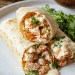 Plato de wraps de pollo con queso y ajo, cortados diagonally to reveal melted cheese, grilled chicken slices, and crispy lettuce inside flour tortillas, garnished with fresh herbs. The wraps are arranged on a rustic wooden board with a side of dipping sauce.