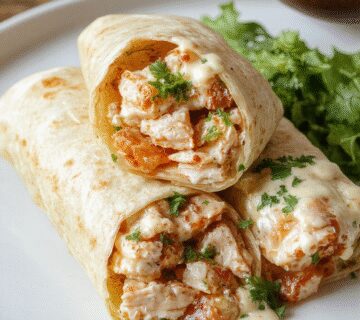 Plato de wraps de pollo con queso y ajo, cortados diagonally to reveal melted cheese, grilled chicken slices, and crispy lettuce inside flour tortillas, garnished with fresh herbs. The wraps are arranged on a rustic wooden board with a side of dipping sauce.
