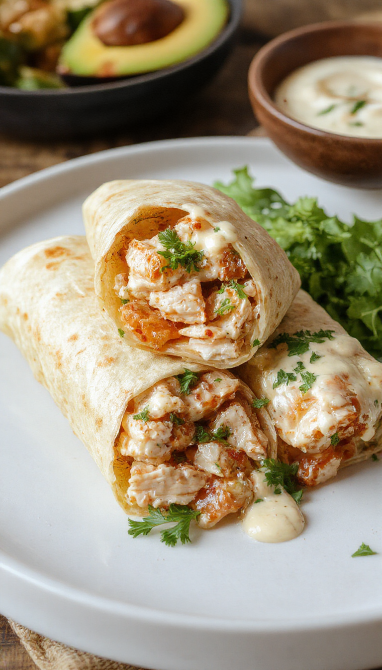 Plato de wraps de pollo con queso y ajo, cortados diagonally to reveal melted cheese, grilled chicken slices, and crispy lettuce inside flour tortillas, garnished with fresh herbs. The wraps are arranged on a rustic wooden board with a side of dipping sauce.