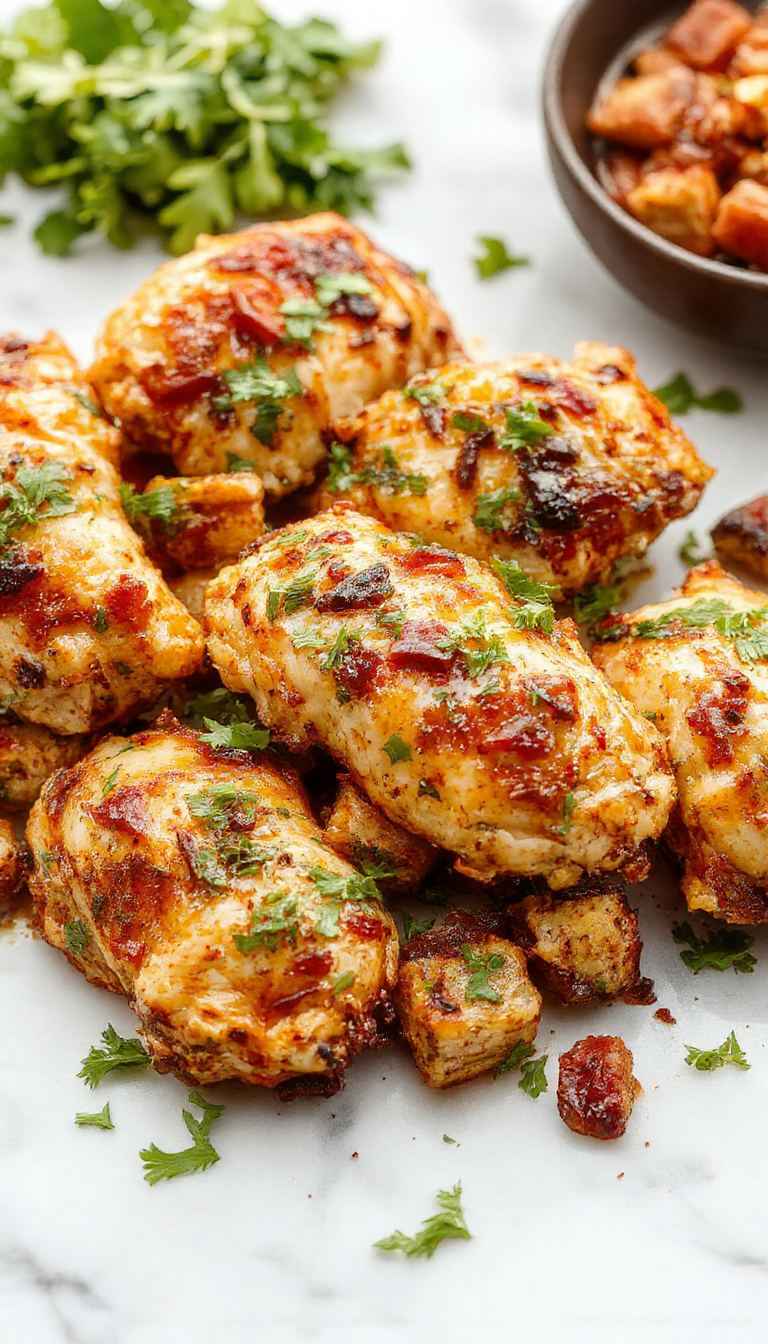 Colorful sheet pan chicken fajitas with charred bell peppers, sizzling strips of grilled chicken, and melted cheese, all arranged on a rustic baking sheet with lime wedges and fresh cilantro.