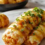 Un plato de albóndigas de cebolla francesa doradas y jugosas en una salsa de cebolla brillante, decoradas con rodajas finas de cebolla caramelizada y perejil fresco,Presentadas en un plato blanco grande, con una textura jugosa y una superficie aromática y caramelizada, rodeadas de salsa y cebolla frita, que resaltan su sabor irresistible.