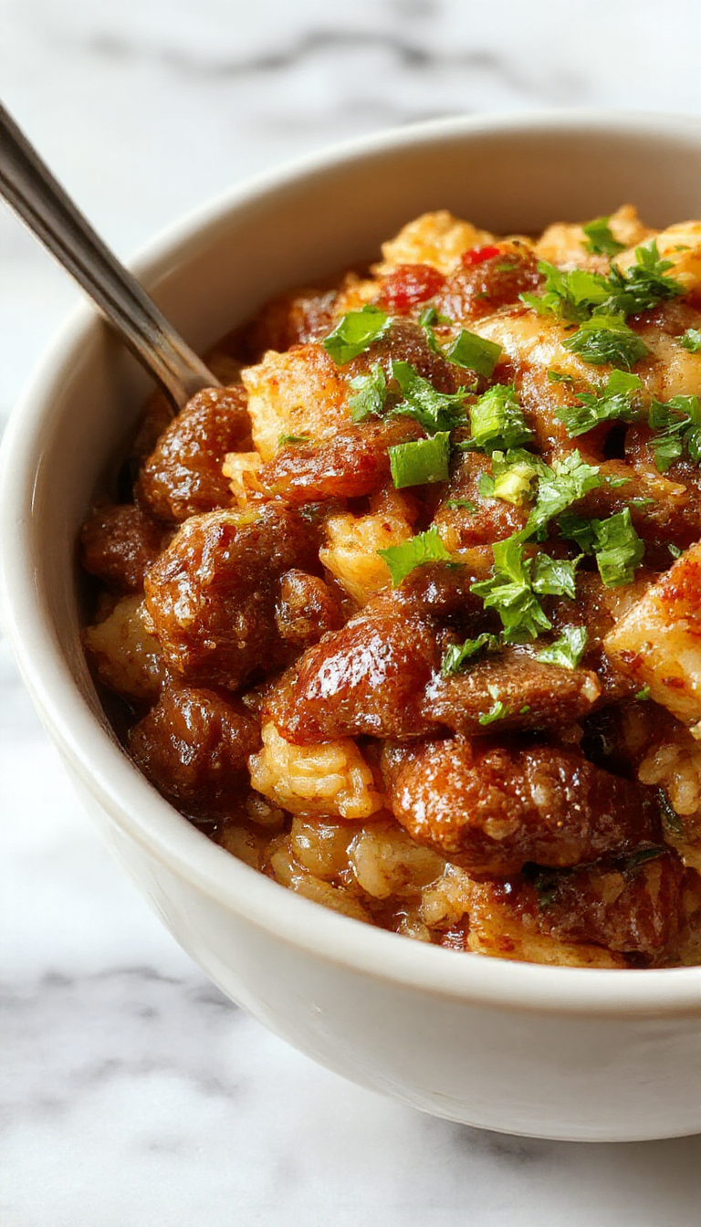 Un plato de arroz con carne crujiente al chile presentado en un bowl hondo, con trozos de carne dorada y crujiente cubiertos con salsa roja brillante y chili en rodajas, decorado con hierbas frescas en la parte superior. El arroz está cocido a la perfección, con gránulos sueltos y ligeramente dorados, y hay verduras finamente picadas mezcladas en la base, mientras que la carne crocante destaca en el centro del plato, creando un contraste de texturas y colores vibrantes.