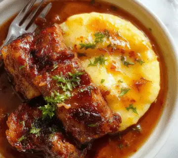 A rustic bowl of rich, dark brown estofado de olla with tender chunks of beef, garnished with fresh herbs, served alongside a creamy, golden polenta de Gorgonzola. The dish is presented on a wooden table with a rustic cloth, emphasizing its hearty, comforting nature and Italian origin.