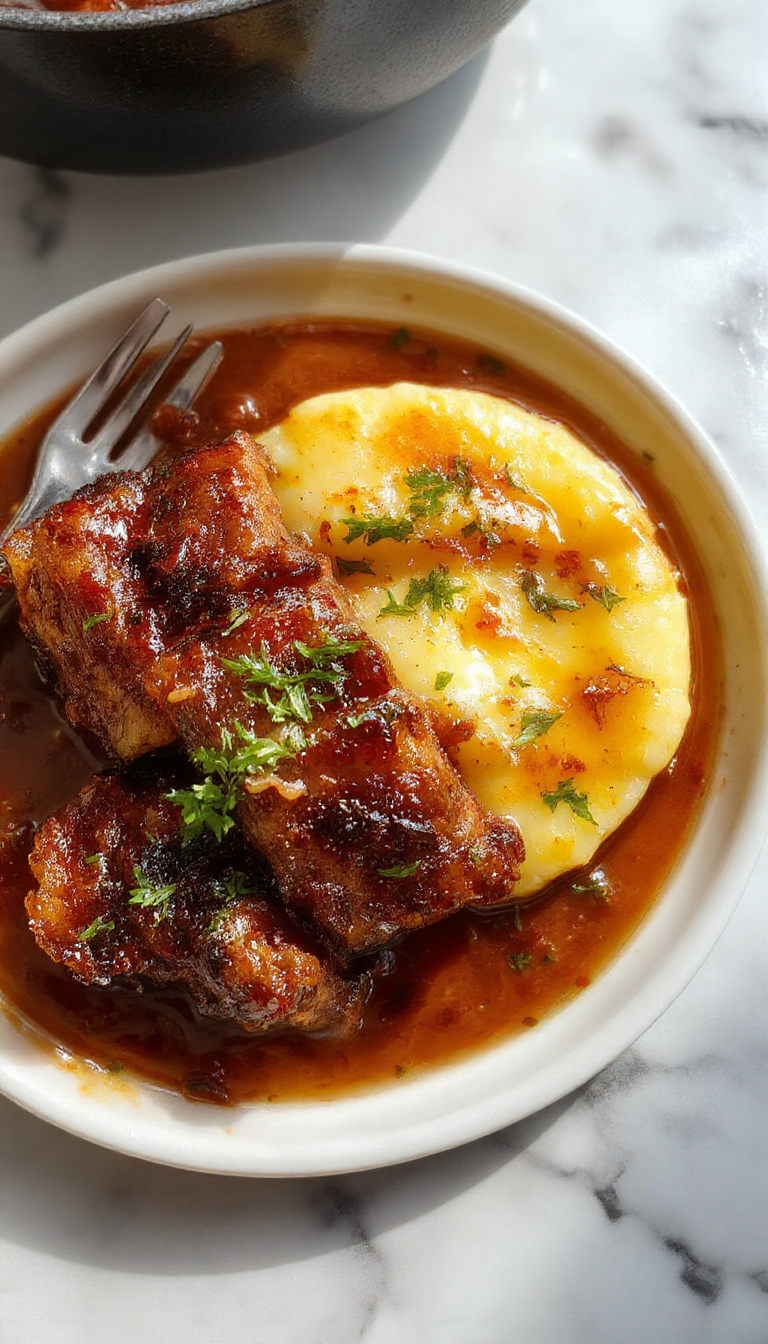 A rustic bowl of rich, dark brown estofado de olla with tender chunks of beef, garnished with fresh herbs, served alongside a creamy, golden polenta de Gorgonzola. The dish is presented on a wooden table with a rustic cloth, emphasizing its hearty, comforting nature and Italian origin.