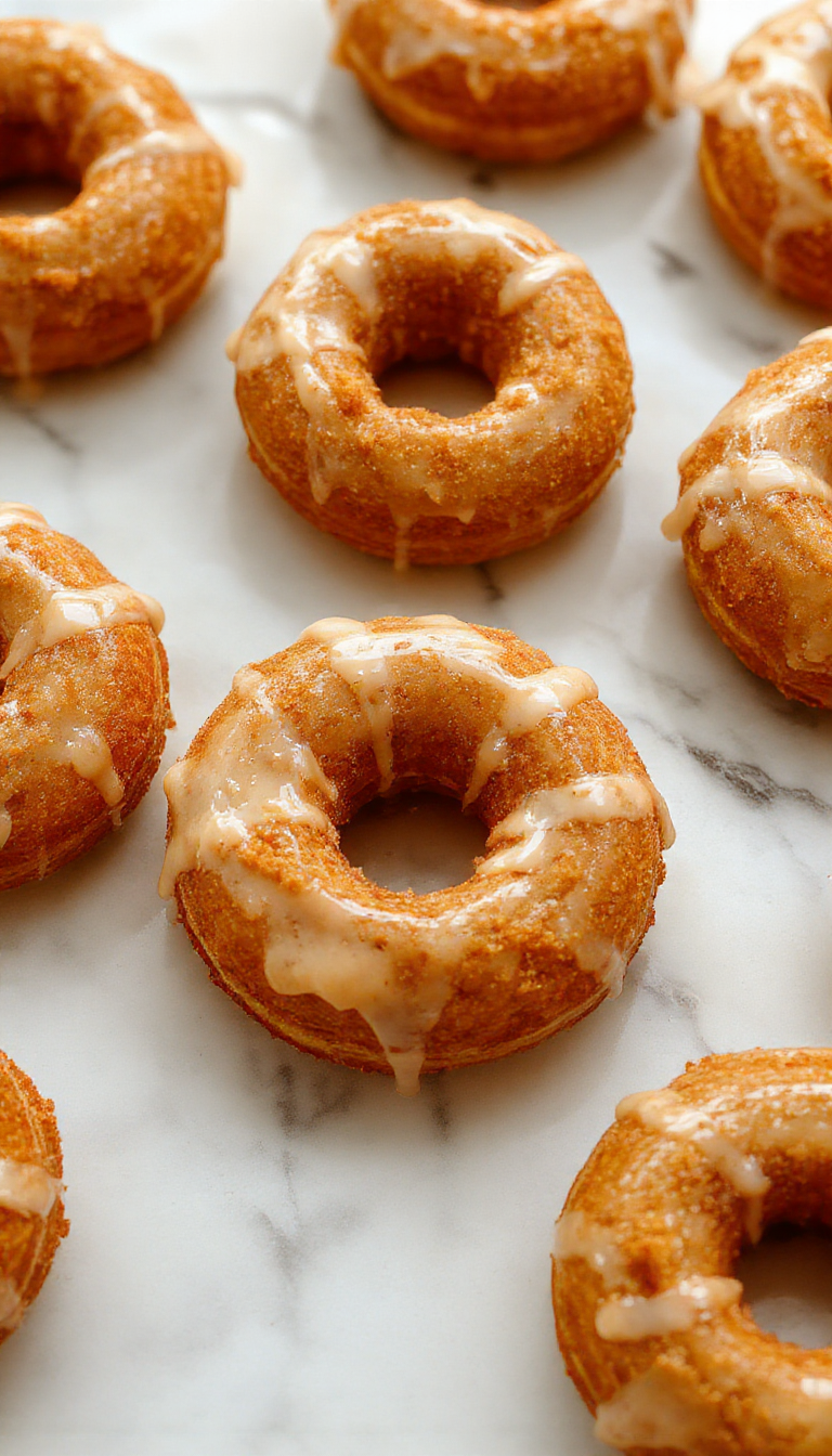A close-up of three golden-brown baked pumpkin donuts drizzled with glossy maple glaze, arranged on a rustic white plate with a sprinkle of cinnamon. The donuts have a light, moist crumb with a slightly cracked surface, highlighting their fluffy texture. In the background, a small bowl of extra maple glaze and a few cinnamon sticks add warmth and seasonal charm.
