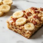 A slice of banana crumb cake on a rustic plate, showcasing a golden-brown crumb topping and moist banana-infused cake layers, garnished with a few banana slices and a light dusting of powdered sugar. The cake reveals a layered texture with a crunchy topping contrasting the soft interior, with a fork beside it ready to take a bite.