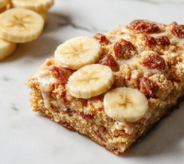 A slice of banana crumb cake on a rustic plate, showcasing a golden-brown crumb topping and moist banana-infused cake layers, garnished with a few banana slices and a light dusting of powdered sugar. The cake reveals a layered texture with a crunchy topping contrasting the soft interior, with a fork beside it ready to take a bite.