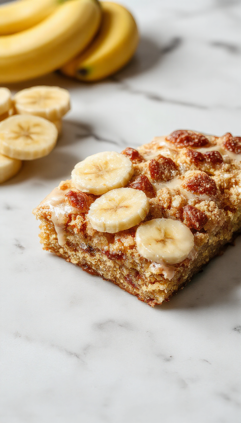 A slice of banana crumb cake on a rustic plate, showcasing a golden-brown crumb topping and moist banana-infused cake layers, garnished with a few banana slices and a light dusting of powdered sugar. The cake reveals a layered texture with a crunchy topping contrasting the soft interior, with a fork beside it ready to take a bite.