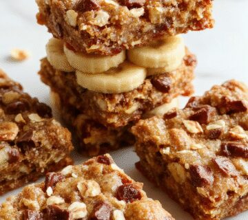 Golden-brown banana oatmeal bars arranged on a rustic wooden platter, showcasing a slightly crumbly texture with visible banana slices and oats, garnished with a sprinkle of chopped nuts and a drizzle of honey for a tempting, wholesome snack.