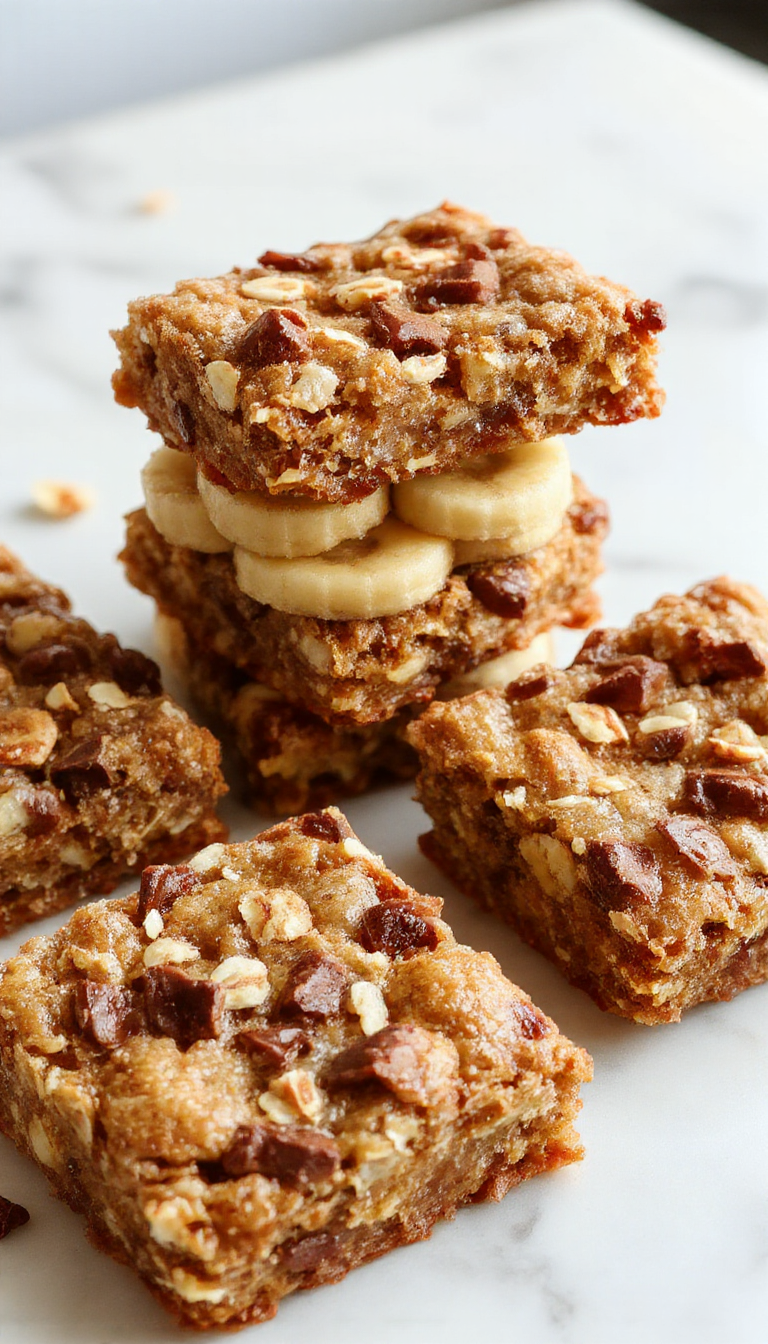 Golden-brown banana oatmeal bars arranged on a rustic wooden platter, showcasing a slightly crumbly texture with visible banana slices and oats, garnished with a sprinkle of chopped nuts and a drizzle of honey for a tempting, wholesome snack.