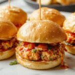 A close-up shot of golden-brown chicken sliders topped with a vibrant red and orange creamy bang bang sauce, garnished with fresh green cilantro leaves on a rustic white plate, with a background hinting at a festive party setting.