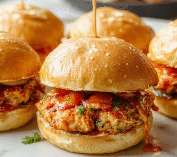 A close-up shot of golden-brown chicken sliders topped with a vibrant red and orange creamy bang bang sauce, garnished with fresh green cilantro leaves on a rustic white plate, with a background hinting at a festive party setting.