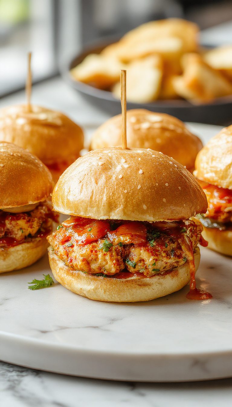 A close-up shot of golden-brown chicken sliders topped with a vibrant red and orange creamy bang bang sauce, garnished with fresh green cilantro leaves on a rustic white plate, with a background hinting at a festive party setting.