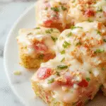 Golden-brown carrot cake bars with a glossy caramel glaze, topped with a sprinkle of crushed nuts and small shredded carrots, arranged on a rustic white plate with a blurred background of baking ingredients