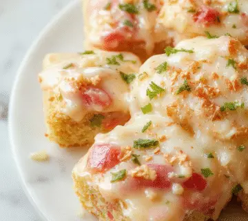 Golden-brown carrot cake bars with a glossy caramel glaze, topped with a sprinkle of crushed nuts and small shredded carrots, arranged on a rustic white plate with a blurred background of baking ingredients