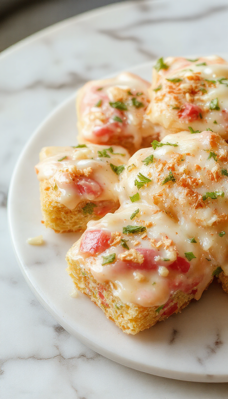Golden-brown carrot cake bars with a glossy caramel glaze, topped with a sprinkle of crushed nuts and small shredded carrots, arranged on a rustic white plate with a blurred background of baking ingredients