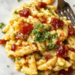 A vibrant plate of cooked orzo pasta garnished with fresh herbs, cherry tomatoes, and grated cheese, served on a rustic ceramic plate with a fork placed beside. The pasta has a glossy, slightly creamy appearance, with colorful vegetables adding visual appeal. The background features a wooden table setting with additional ingredients and a cozy, inviting atmosphere.