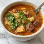 Un plato de Birria de Res en una olla grande, con carne jugosa y tierna, rodeada de caldo rojo intenso, cebolla picada, cilantro fresco y tortillas de maíz al lado. La carne se desmenuza fácilmente, con trozos que muestran una textura rica y untuosa, servida en una presentación tradicional mexicana.