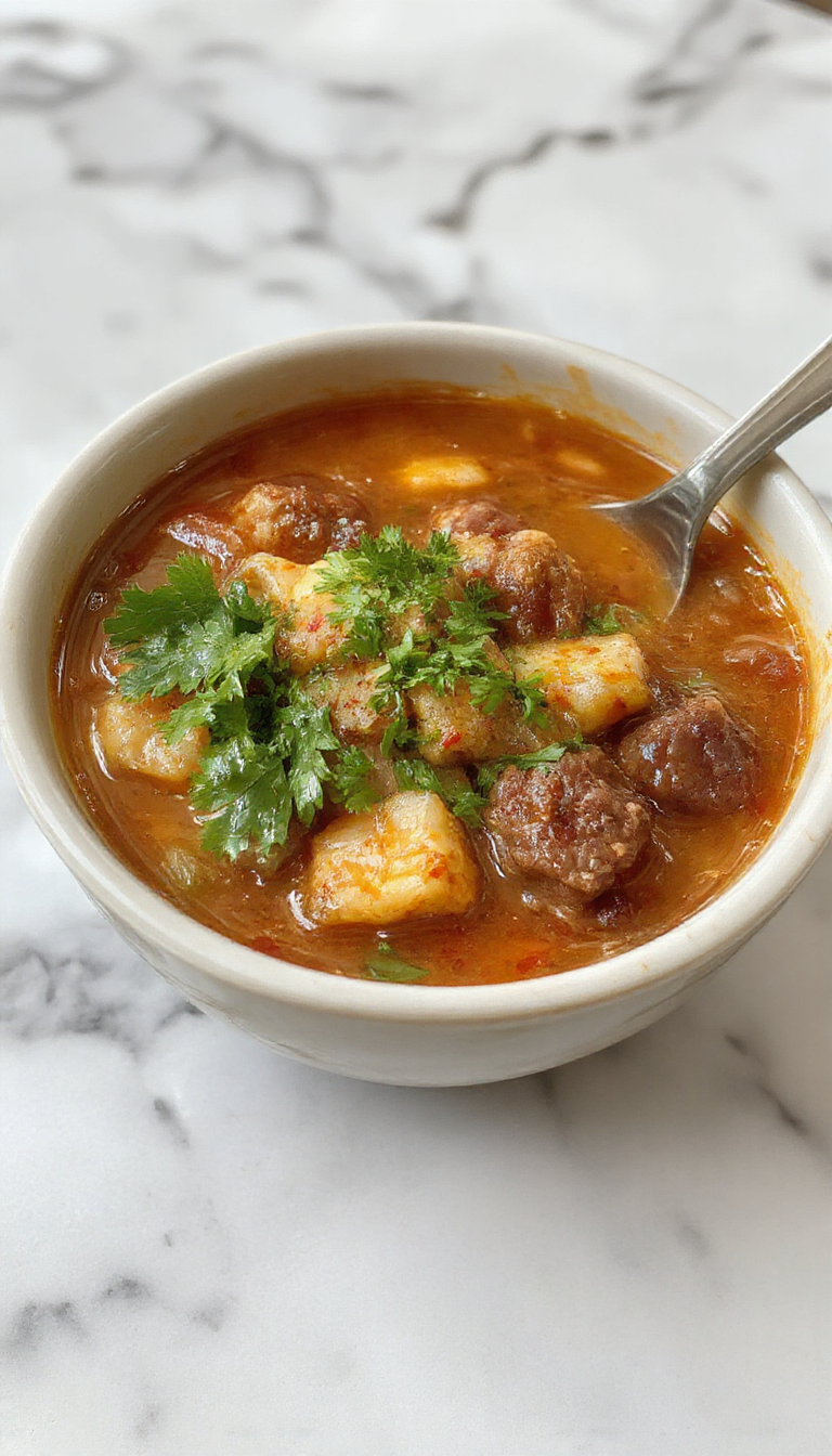 Un plato de Birria de Res en una olla grande, con carne jugosa y tierna, rodeada de caldo rojo intenso, cebolla picada, cilantro fresco y tortillas de maíz al lado. La carne se desmenuza fácilmente, con trozos que muestran una textura rica y untuosa, servida en una presentación tradicional mexicana.