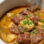 Plato de bistec en olla de cocción lenta con trozos de carne dorados y jugosos, rodeados de verduras cocidas, presentado en un plato rústico con salsa brillante y apetitoso, con un fondo borroso que resalta la textura de la carne y la sazón.
