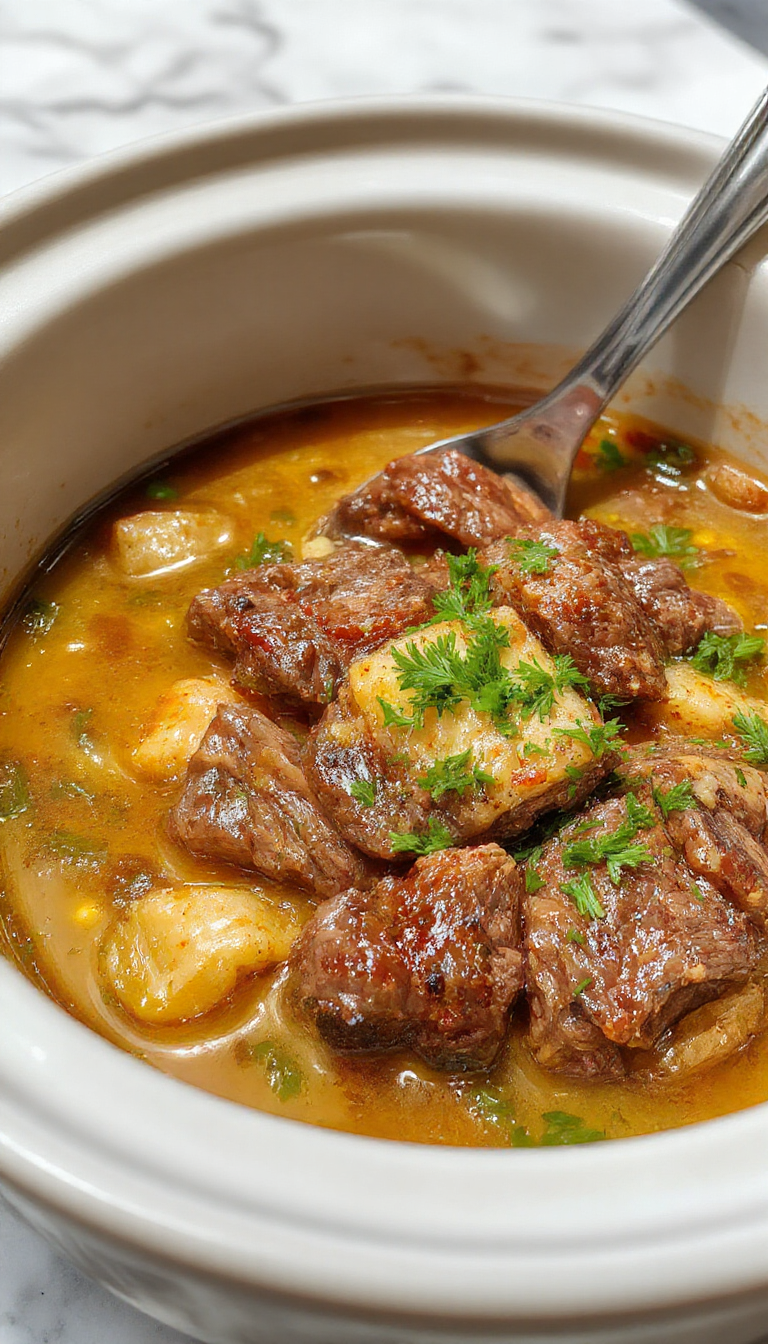 Plato de bistec en olla de cocción lenta con trozos de carne dorados y jugosos, rodeados de verduras cocidas, presentado en un plato rústico con salsa brillante y apetitoso, con un fondo borroso que resalta la textura de la carne y la sazón.