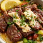 Plato de bistec y verduras asadas en una bandeja, con un brillo apetitoso. El bistec bien cocido y en trozos, rodeado de verduras coloridas como pimientos, calabacín y zanahorias al horno, todo decorado con mantequilla de ajo fundida que resalta su textura y sabor. La presentación es sencilla pero elegante, con un toque rústico.