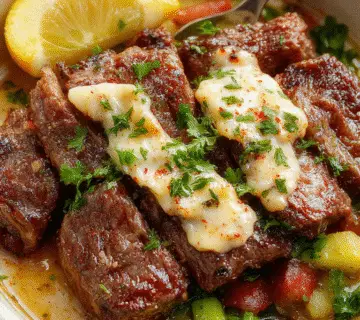 Plato de bistec y verduras asadas en una bandeja, con un brillo apetitoso. El bistec bien cocido y en trozos, rodeado de verduras coloridas como pimientos, calabacín y zanahorias al horno, todo decorado con mantequilla de ajo fundida que resalta su textura y sabor. La presentación es sencilla pero elegante, con un toque rústico.