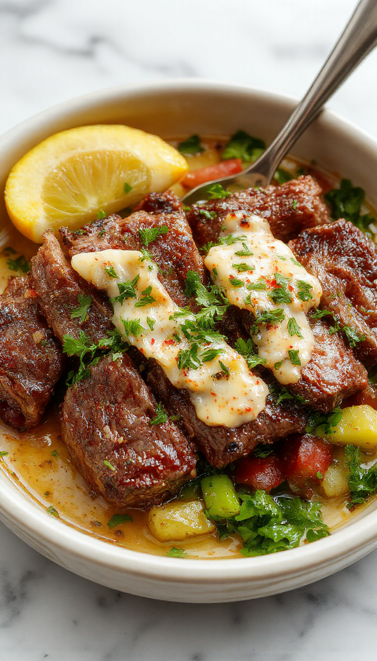 Plato de bistec y verduras asadas en una bandeja, con un brillo apetitoso. El bistec bien cocido y en trozos, rodeado de verduras coloridas como pimientos, calabacín y zanahorias al horno, todo decorado con mantequilla de ajo fundida que resalta su textura y sabor. La presentación es sencilla pero elegante, con un toque rústico.
