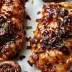 A close-up of a sizzling black pepper chicken with mushrooms dish served on a white plate. Juicy chicken pieces coated in a dark savory sauce, accented with fresh green herbs and sliced mushrooms, garnished with chopped green onions. The dish's glossy surface reflects light, highlighting its rich texture and appetizing appearance.