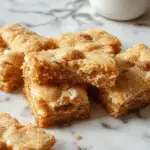 Un plato de blondies de remolino de canela en un molde rectangular, con un patrón de remolino visible en la superficie dorada y crujiente, adornados con un toque de canela espolvoreada y un pequeño racimo de canela en rama en el fondo, todo presentado sobre una mesa de madera rústica con utensilios de cocina y un fondo suave y luminosa.