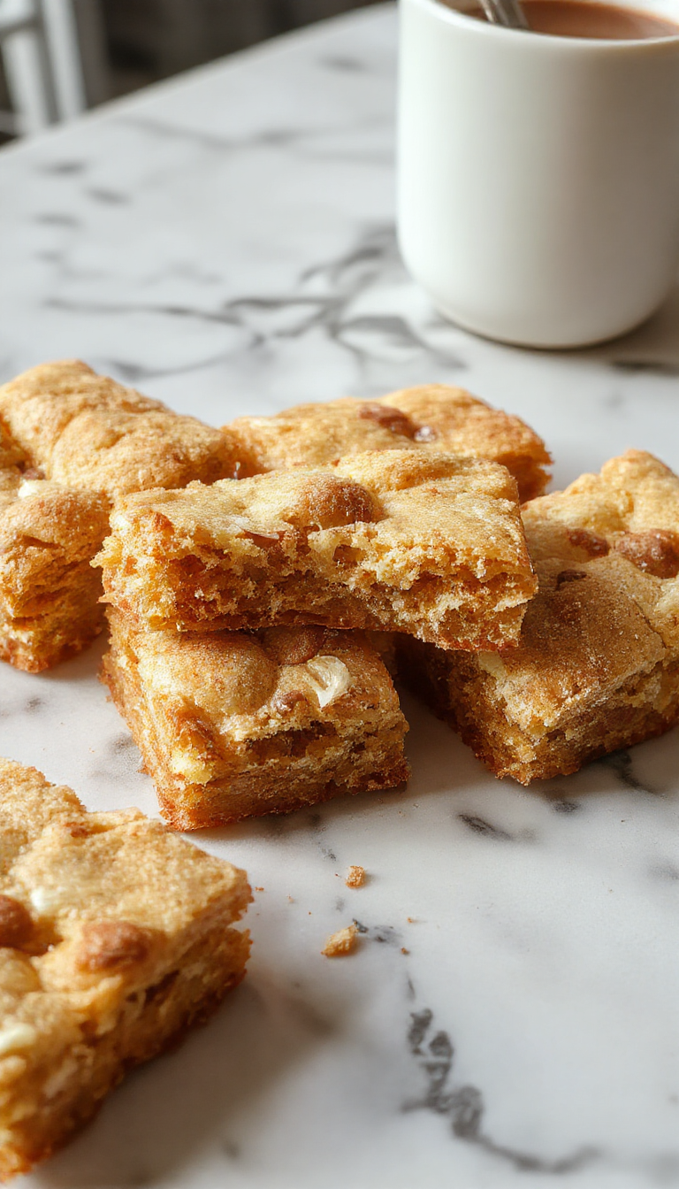 Un plato de blondies de remolino de canela en un molde rectangular, con un patrón de remolino visible en la superficie dorada y crujiente, adornados con un toque de canela espolvoreada y un pequeño racimo de canela en rama en el fondo, todo presentado sobre una mesa de madera rústica con utensilios de cocina y un fondo suave y luminosa.