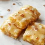 Golden-brown blondies de manzana in rectangular slices, topped with glossy caramelized apple slices and a smooth, creamy glaze of cheese cream, arranged on a rustic wooden plate with a hint of cinnamon dusting around the edges.