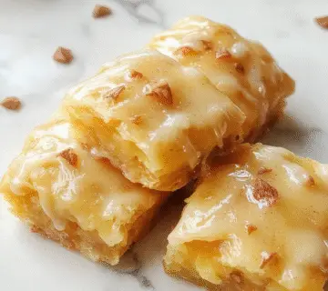 Golden-brown blondies de manzana in rectangular slices, topped with glossy caramelized apple slices and a smooth, creamy glaze of cheese cream, arranged on a rustic wooden plate with a hint of cinnamon dusting around the edges.