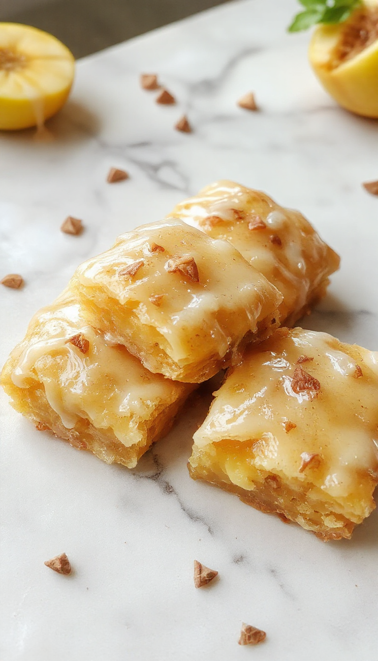 Golden-brown blondies de manzana in rectangular slices, topped with glossy caramelized apple slices and a smooth, creamy glaze of cheese cream, arranged on a rustic wooden plate with a hint of cinnamon dusting around the edges.