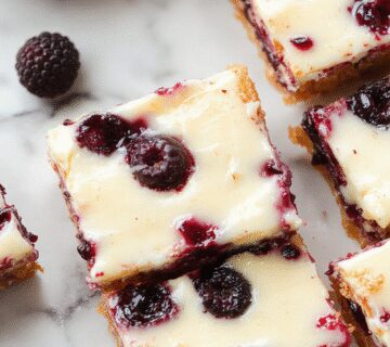 A close-up of blueberry cream cheese bars with a golden-brown crust topped with a vibrant blue blueberry filling and a swirl of cream cheese, garnished with fresh blueberries and a dusting of powdered sugar. The bars are cut into neat squares, revealing layers of crumbly crust, creamy filling, and juicy blueberries, presented on a rustic wooden platter.